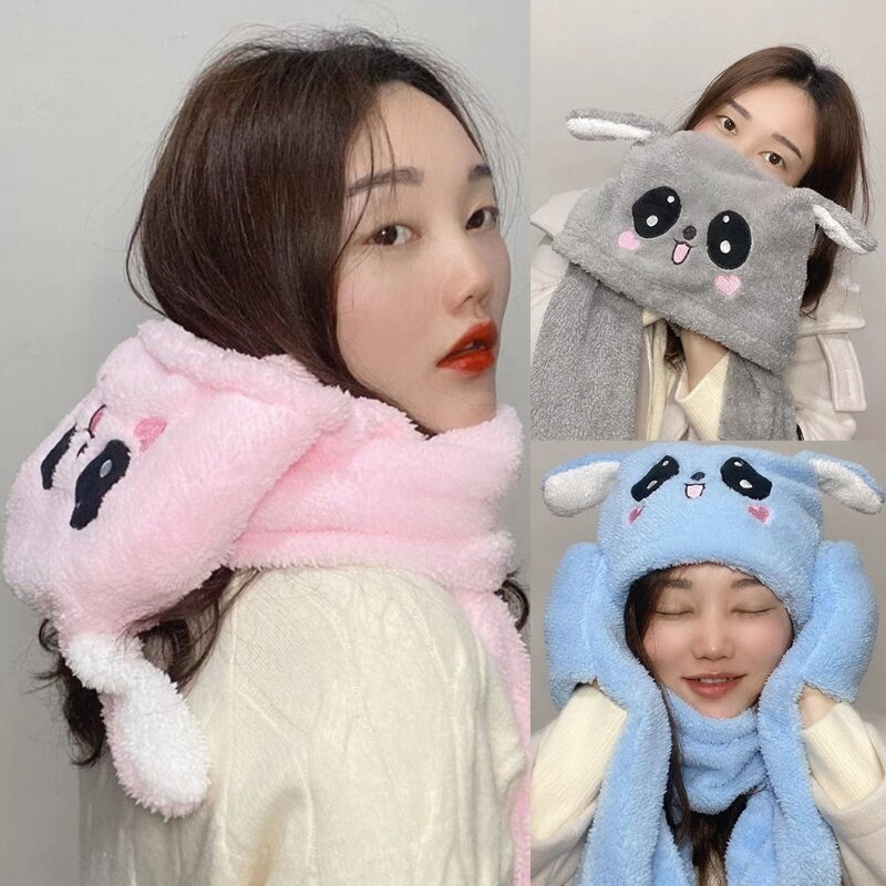 Women 3 In 1 Hooded Scarf Hat Gloves Set with Jumping Rabbit Ears Plush Warm Cap