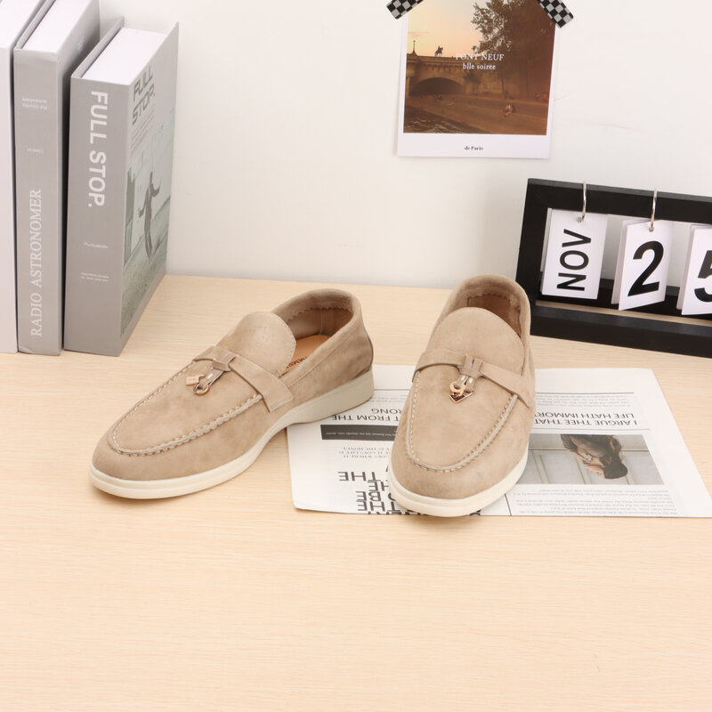 Designer Suede Women loafers 2023 Summer Men Flat Shoes Metal Slip-on Causal Moccasin Comfortable Mules lazy Driving shoes