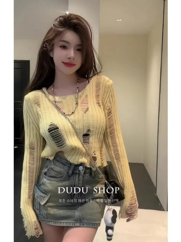 Fashionable Hollowed Out and Perforated Knitted Sweater, Spring New Women's 2024 Short and Unique Pullover Top Female Clothing