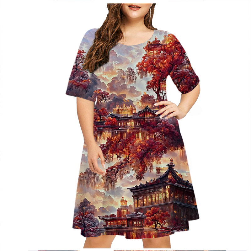 Vestido com estampa arquitetura 3D feminino, vestidos elegantes, roupas de manga curta, tamanhos grandes, moda verão, 2023