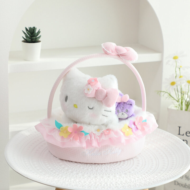Sanrio-ramo creativo de juguetes de peluche para niñas, bonito muñeco de dibujos animados de Cinnamoroll, Hello Kitty, Pachacco, cesta de flores, regalo de cumpleaños