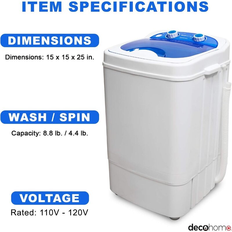 Washing Machine for Apartments, Dorms, and Tiny Homes with 8.8 lb Capacity, 250W Power, Wash and Low Agitation Spin Cycle,