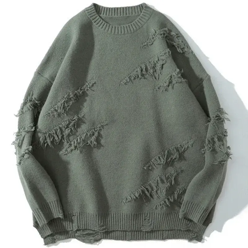 Vintage rasgado lã suéter masculino, Harajuku Pullovers, Hip Hop roupas, streetwear tops, pulôveres, cor pura, buraco, extragrande