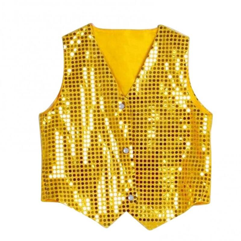 Glittery Sequins Dance Wear Vest Waistcoat for Girls Boys Metallic Short Sleeve Loose Shirt Blouse Jazz Hip Hop Vest Dancewear