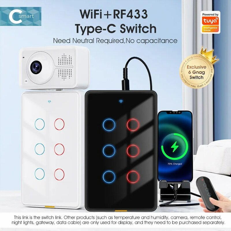 Cerhot Tuya inteligentny dom bezprzewodowy WiFi RF433 US światło włącznik dotykowy na ścianę 110-240V typ C Timing 6Gang wsparcie Alexa Google Voice