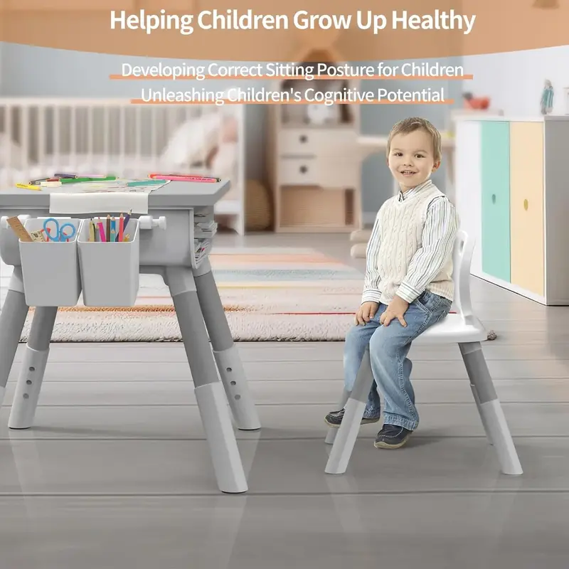 Zestaw stolików i krzeseł dla dzieci, stół i 2 krzesła dla dzieci, zestaw stolików i krzeseł do nauki dla dzieci, regulowana wysokość, wbudowany schowek