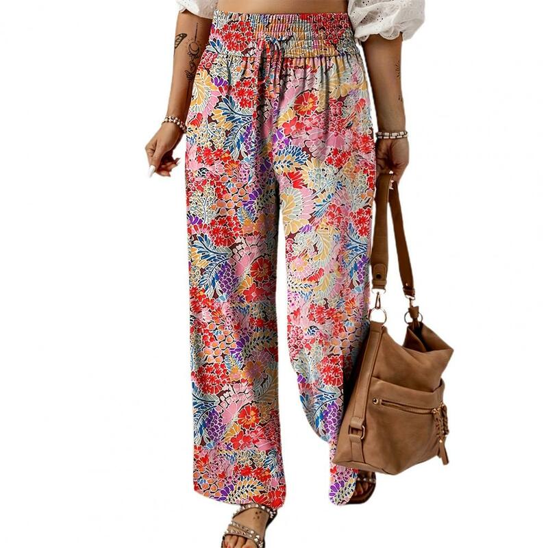 Calças estampadas florais de perna larga para mulheres, calças de cintura alta, bolsos de gravata ajustáveis, streetwear