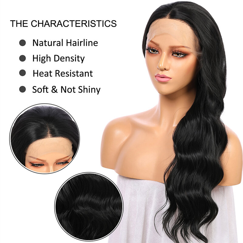 13X4 Wig Renda Depan Wig Sintetis Serat Suhu Panas Sebelum Dipetik Wig Gelombang Tubuh untuk Wanita Wig Hitam Alami untuk Penggunaan Sehari-hari Wig