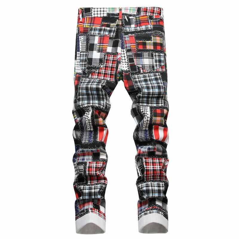 Y2K autunno nuovi uomini Vintage Patchwork Plaid stampato Hip Hop Streetwear Harajuku Jeans moda Stretch Cargo Denim pantaloni