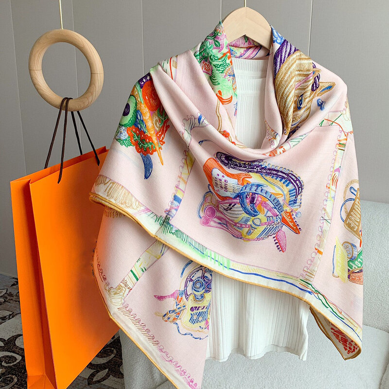 Luxury Fashion Design Women Horse Design Silk Cashmere Big Scarves for Air-conditioned Room Lady Double Dide Print Scarves