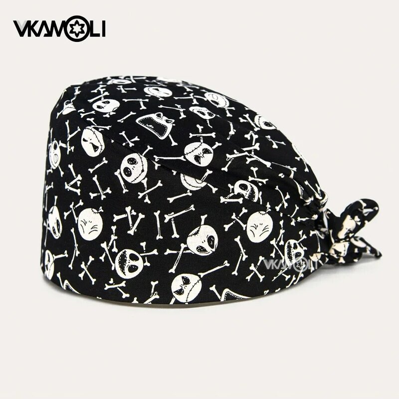 Fashionable and personalized black skull printed surgical cap Women and Men scrub hat vet nursing Medical scrub caps