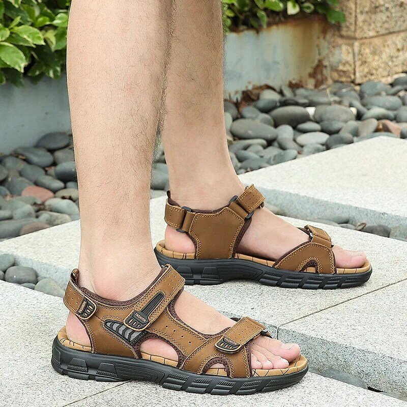 Genuine Leather Sandals Men Summer New Outdoor Non-slip Beach Shoes Walking Treking Casual Shoes Hiking Slippers