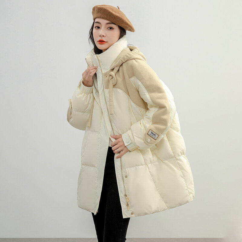 女性のための白いダックダウンフード付きコート、暖かいフード付きジャケット、カジュアルなcommutePufferオーバーコート、コントラストカラー、ファッション、女性