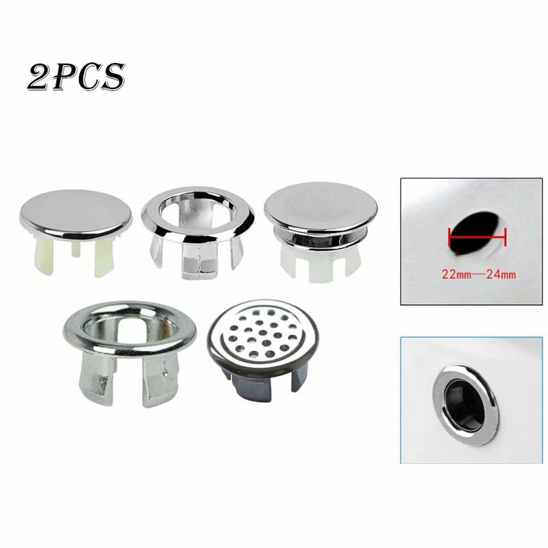 プラスチック製バスルームオーバーフローリング,2個,22〜24mmの穴のある洗面台/シンク用のクロームメッキオーバーフローカバー