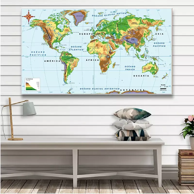 150*100cm In Spanish The World  Orographic and Elevation Map Non-woven Canvas Painting Wall Art Poster Home Office Decoration