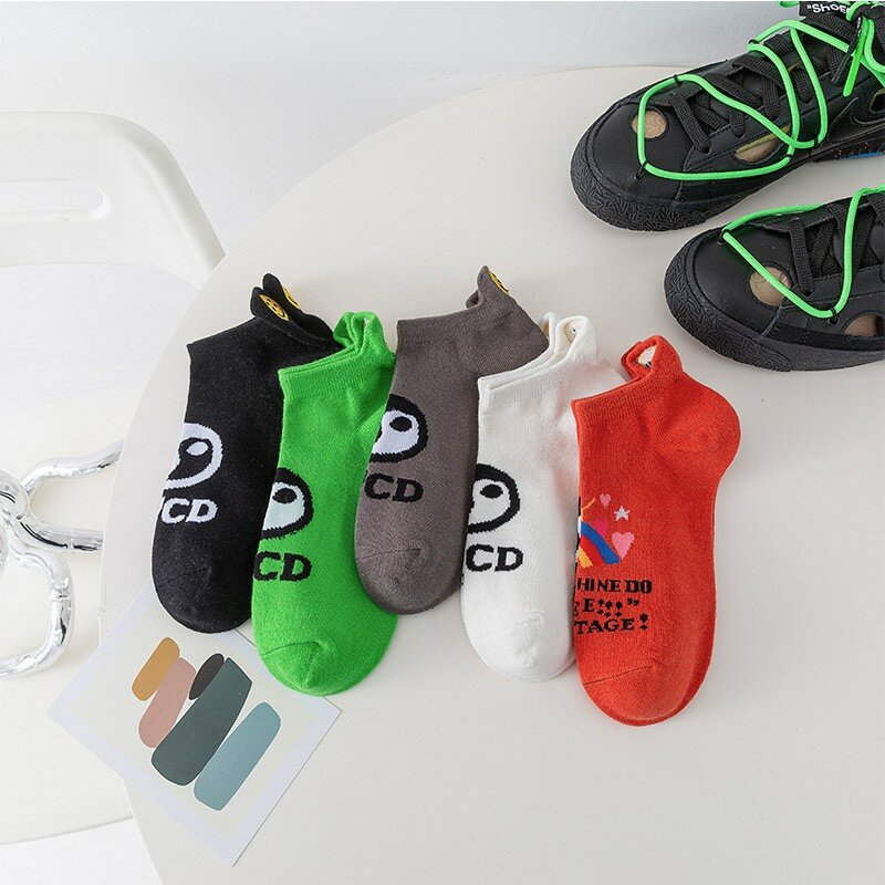 New Cotton Socks Embroidered Smiling Face Rainbow Letter Jacquard Fashion Versatile Comfortable Casual Men Women Boat Socks V104