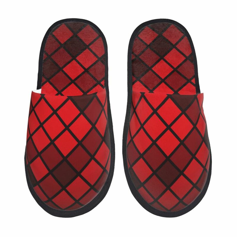 รองเท้าแตะทรงเรขาคณิตสีแดงสำหรับผู้หญิงผู้ชายรองเท้าแตะให้ความอบอุ่นในฤดูหนาวรองเท้าแตะใส่ในบ้าน