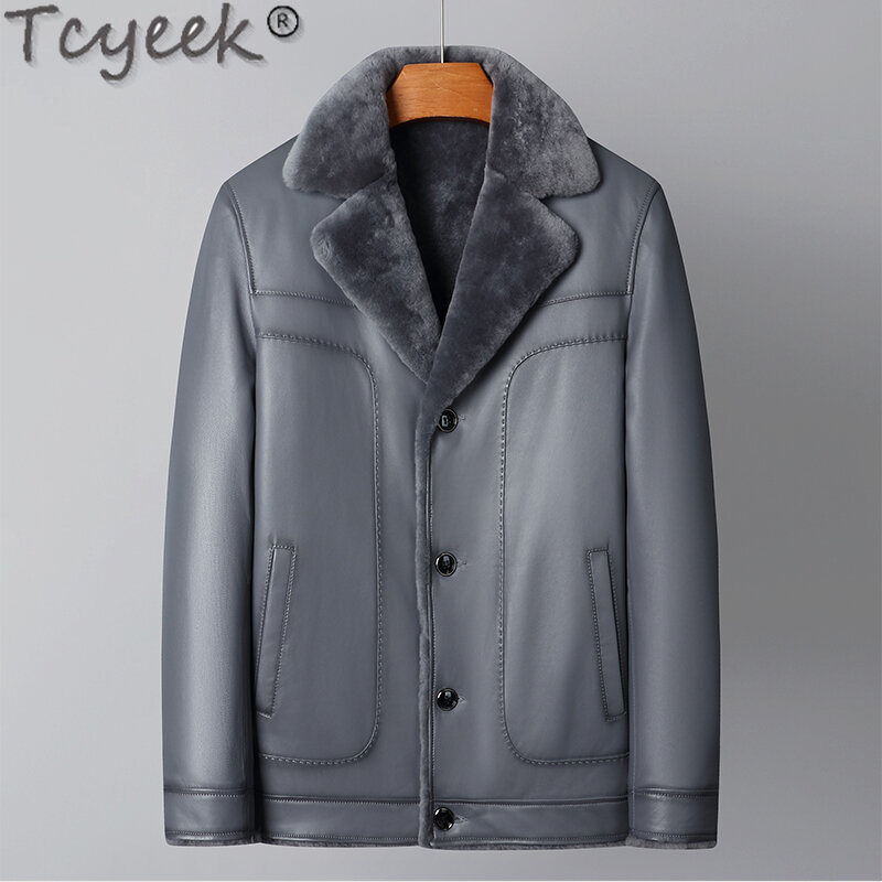 Tcyeek-casaco de pele natural masculino, jaqueta de couro genuíno, casacos de pele de carneiro reais quentes, gola de terno, inverno, 2023