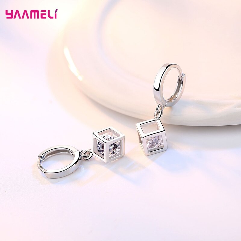 Top Sale Real Pure 925 Sterling Silver Jewelry Gift Set Cube Cubic Zircon Necklace/Earrings/Bracelet/Ring for Wedding Engagement