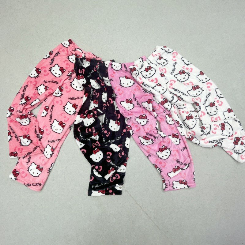 Sanrio Pijama feminino fofo dos desenhos animados, calça Anime Hello Kitty, flanela multicolorida, calça casual da moda doméstica, roupas de menina, presente