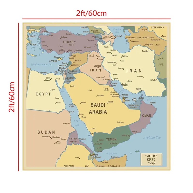 60*60Cm Peta Distribusi Politik Timur Tengah Poster Seni Dinding Peta Lukisan Kanvas Dekorasi Rumah Perlengkapan Sekolah Perjalanan