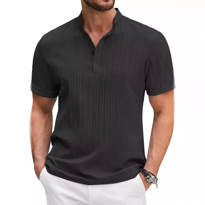 Nowa wysokiej jakości haftowana bawełna i lniana koszula Henry w paski dla mężczyzn na lato w stylu Casual, wygodna oddychająca koszulka