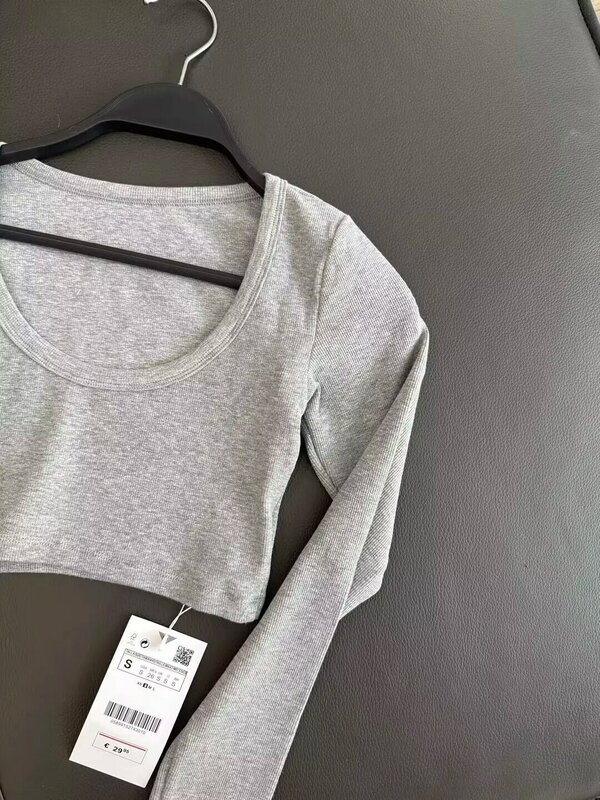 Damen neue Mode Slim Fit kurze elastische gerippte T-Shirt Top Retro Rundhals ausschnitt Langarm Damen hemd einzigartiges Top