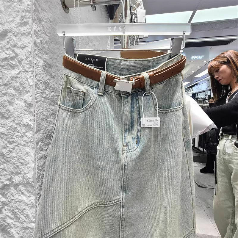 Saia jeans de forma pequena feminina emendada, borda quebrada da rebarba, design fino, primavera e verão, novo, 2024