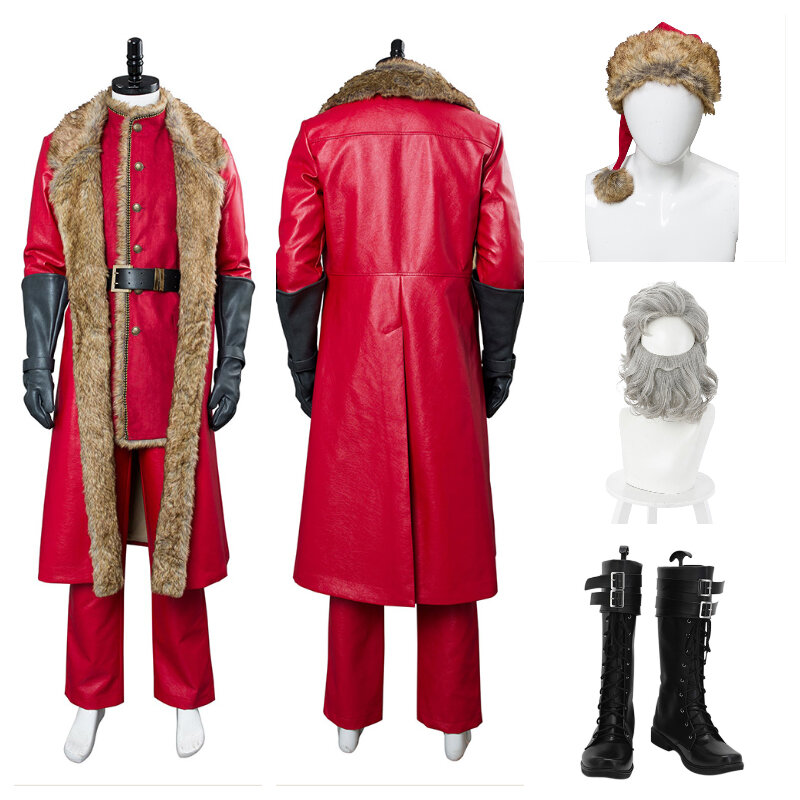 Pakaian Cosplay Santa Claus kostum sejarah natal pria mantel merah topi sepatu bot pakaian setelan pesta karnaval Halloween