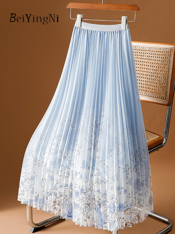 Beiyingni Women's Skirt Mesh Floral Printed Spring Summer 2024 Casual Pleated Long Midi Skirts for Ladies Elegant Luxury Korean