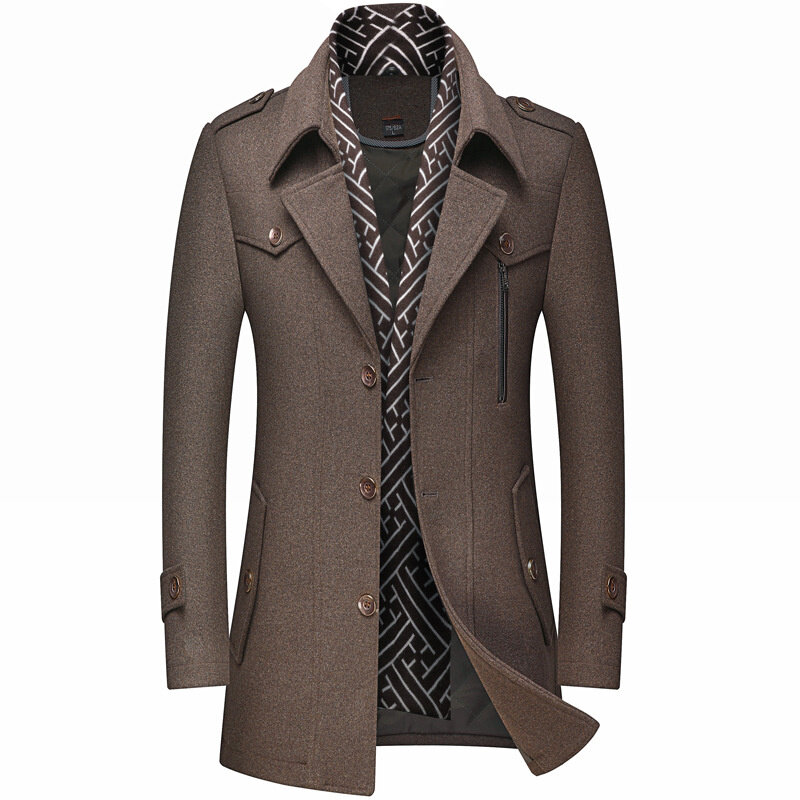 Mantel Wol Pria Musim Dingin Mode Mantel Panjang Sedang Tebal Solid Kerah Lipat Bawah Pakaian Luar Hangat Mantel Wol Kasual Bisnis Pria