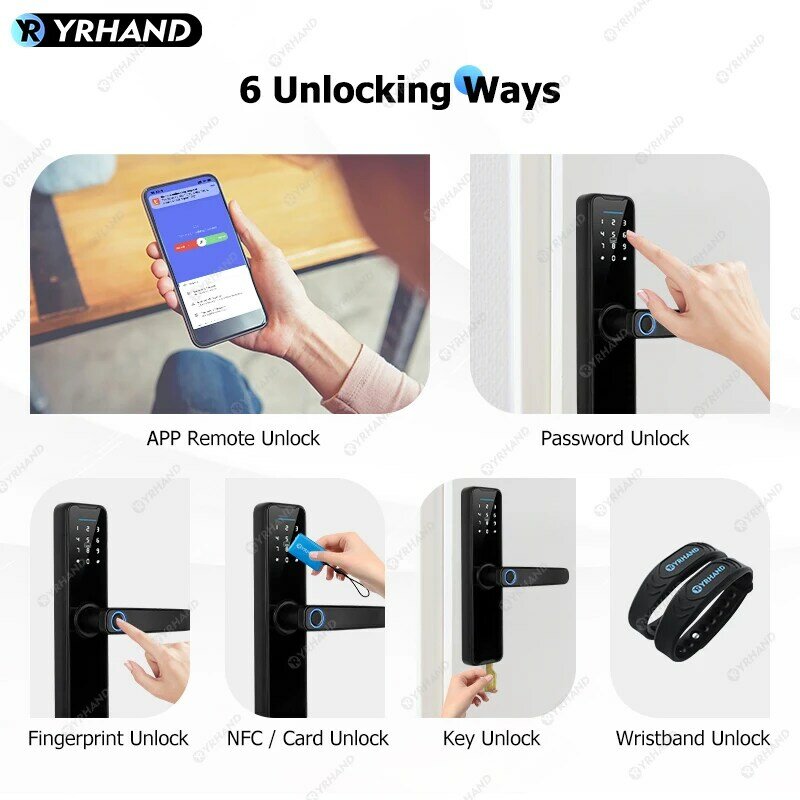 YRHAND Biometric Smart Lock, Desbloqueio remoto, Keyless WiFi Lock, Electronic Smart Door Lock, Tuya App