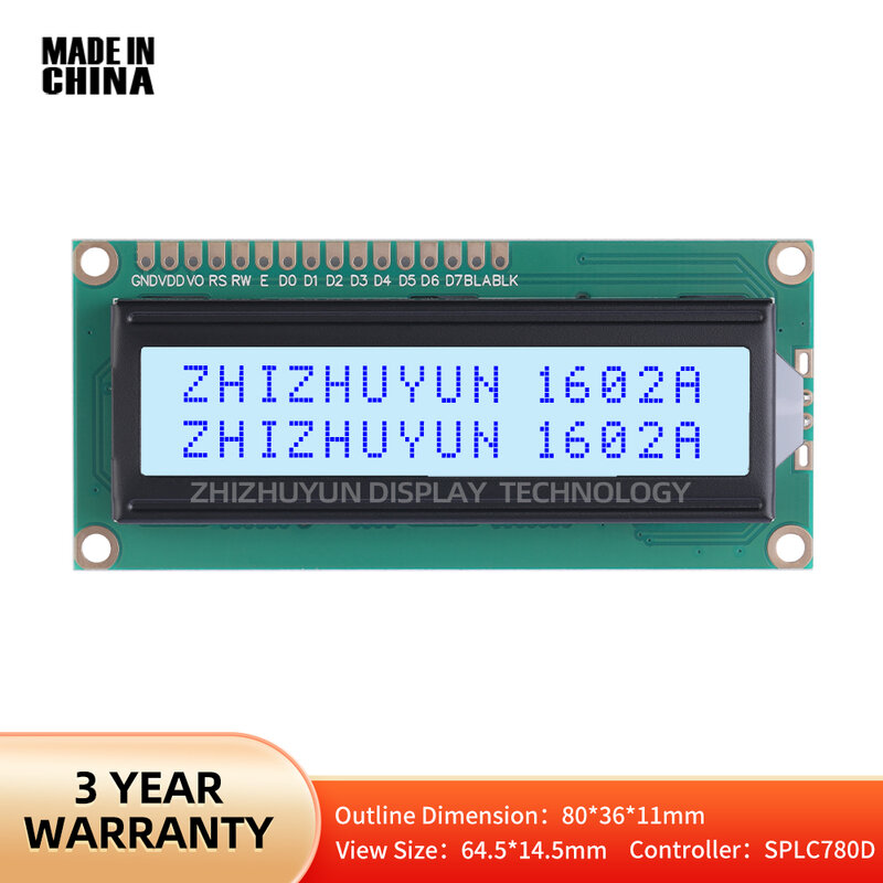 Pantalla LCD de cristal líquido, módulo de visualización de 16X2 caracteres, película gris STN, texto azul, 1602A, 1602