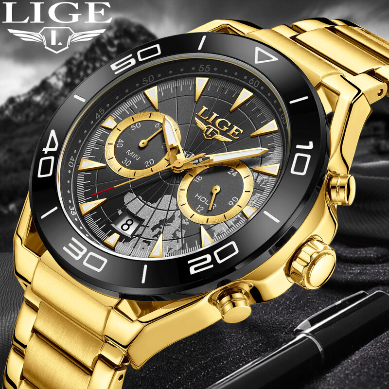 LIGE-Montre à quartz étanche pour homme, chronographe de sport, entièrement en acier, marque de luxe, neuve, boîte incluse