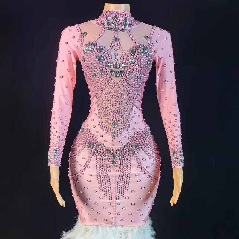 Customized Long Sleeve Feather Streaking lace  High Elastic Sequins Sexy Tight Dress Birthday Party  Dress Performance Dress