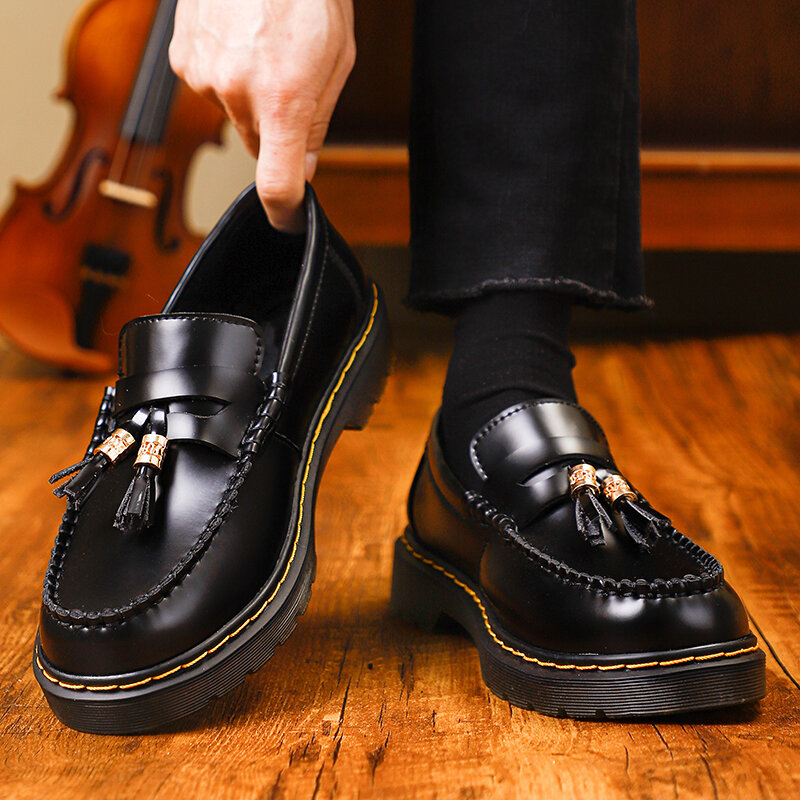 Sepatu pantofel pria, alas kaki Formal bisnis rumbai sol tebal, Slip on nyaman kasual Oxford