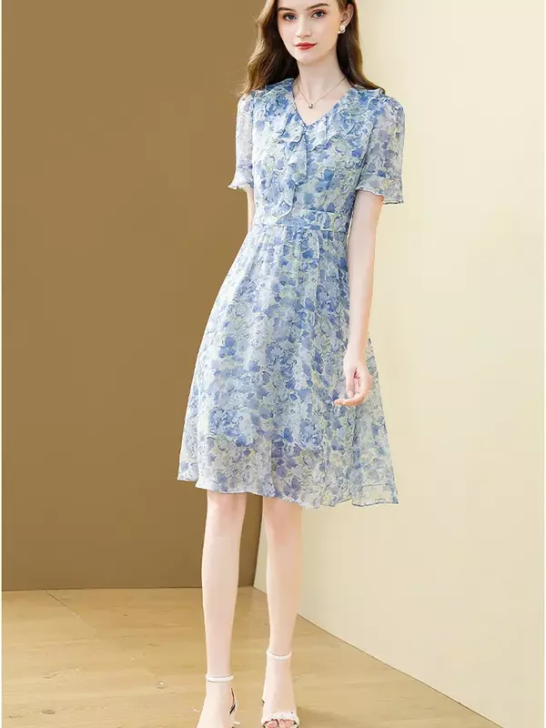 Женское шифоновое платье, элегантное платье во французском стиле с V-образным вырезом и цветочной юбкой на талии, весна-лето 2024