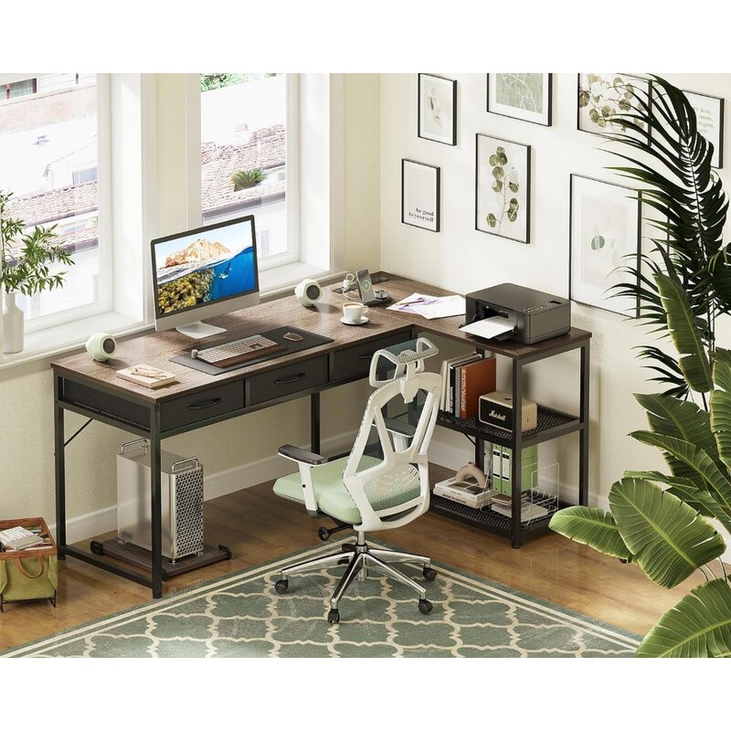 Escritorio de ordenador en forma de L con cajones, escritorio de esquina con tomas de corriente y estantes de almacenamiento reversibles, CPU móvil, 61 pulgadas