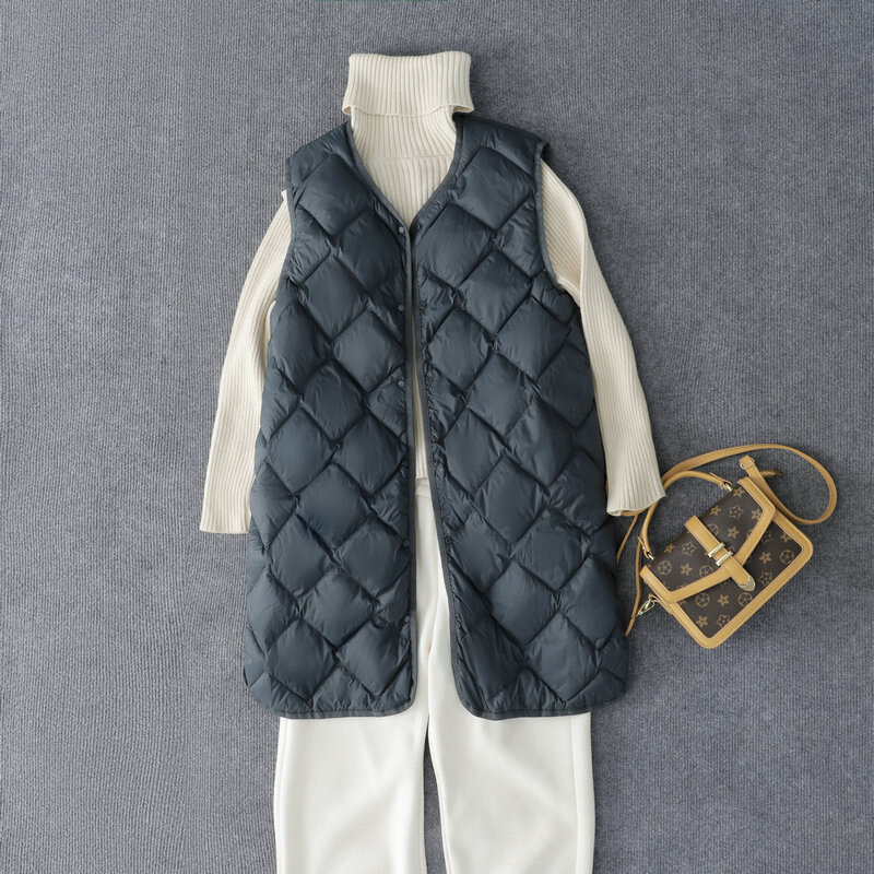Colete feminino de pato de peito único, jaqueta sem mangas, casaco vintage casual quente de comprimento médio, colete longo feminino, branco, novo, inverno