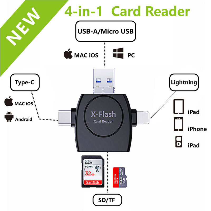 4 in 1 Card Reader Adapter for iPhone 13 12 11 X 9 Multifunctional OTG Card Reader TF SD Card OTG Camera Photo Transfer to Phone