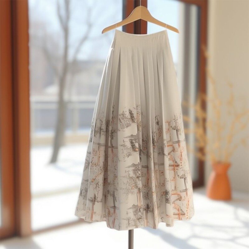 Retro chiński styl letni kobiety elastyczna talia nadruk patchworkowy plisowana moda wszechstronna luźna spódnice trapezowe do połowy