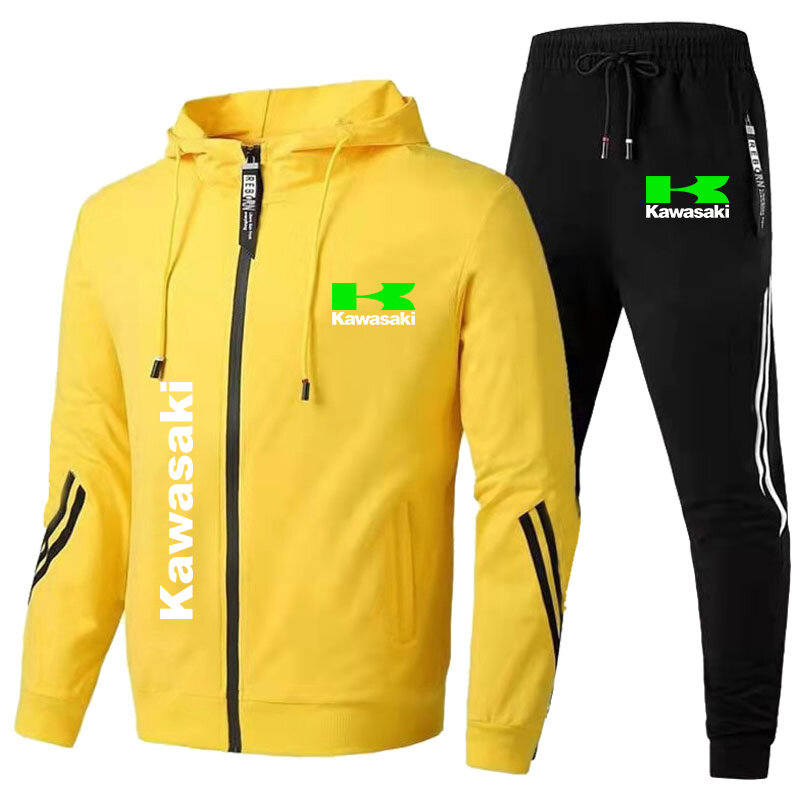 Men's Kawasaki Logo Printed Tracksuit Motorcycle Jacket Outdoor Sports Hooded Sweatshirt+Pants 2Piece Racing Biker Sportswear