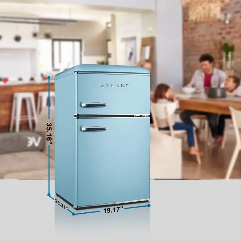 Refrigerador compacto Galanz Retro, Mini refrigerador com portas duplas, Termostato mecânico ajustável, Azul, 3.1 Cu, FT, Congelador