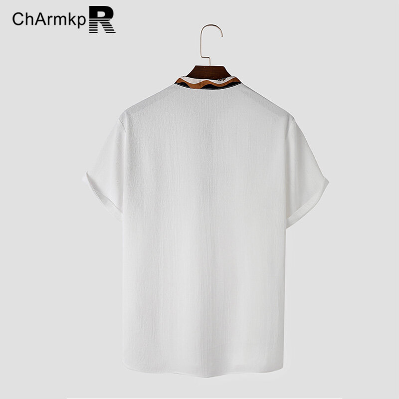 Charmkpr-قميص رجالي قصير الأكمام مطبوع على شكل فهد ، توبات كبيرة الحجم ، ملابس الشارع غير الرسمية ، مخطط ، الصيف ، * * ،