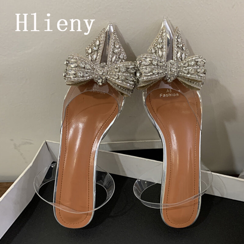 Hlieny New Design Silver Pointed Toe Crystal Bowknot Pumps Women Low High Heels PVC Transparent Sandals Party Wedding Shoes