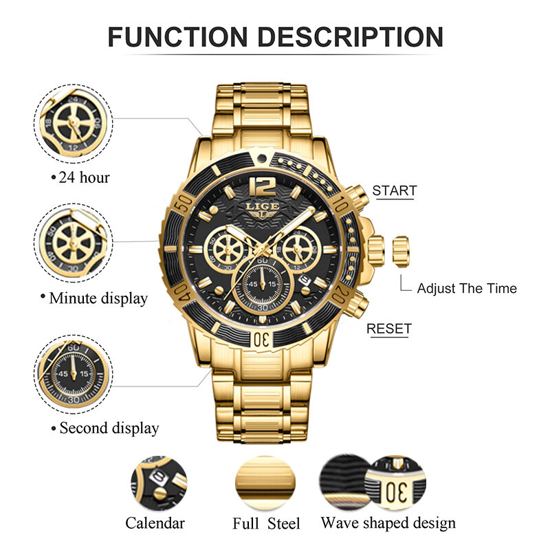 LIGE męskie zegarki najwyższej luksusowej marki wodoodporny sportowy zegarek na rękę chronograf kwarcowy wojskowy prawdziwy pełny stalowy Relogio Masculino