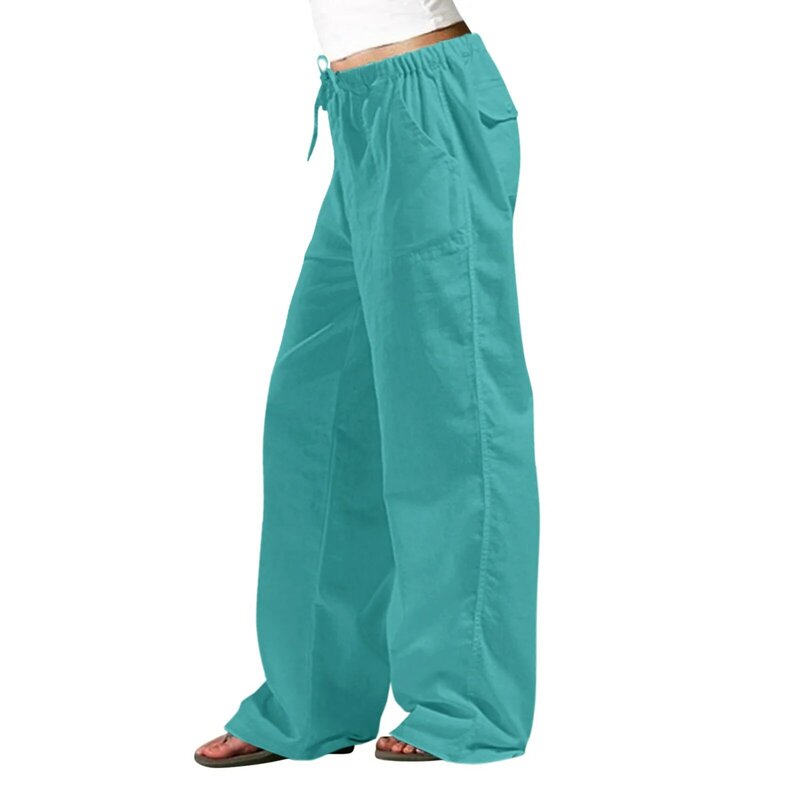 Calça casual de linho e algodão feminina, elástico na cintura, calça reta de bolso, monocromática, elástica, 2024