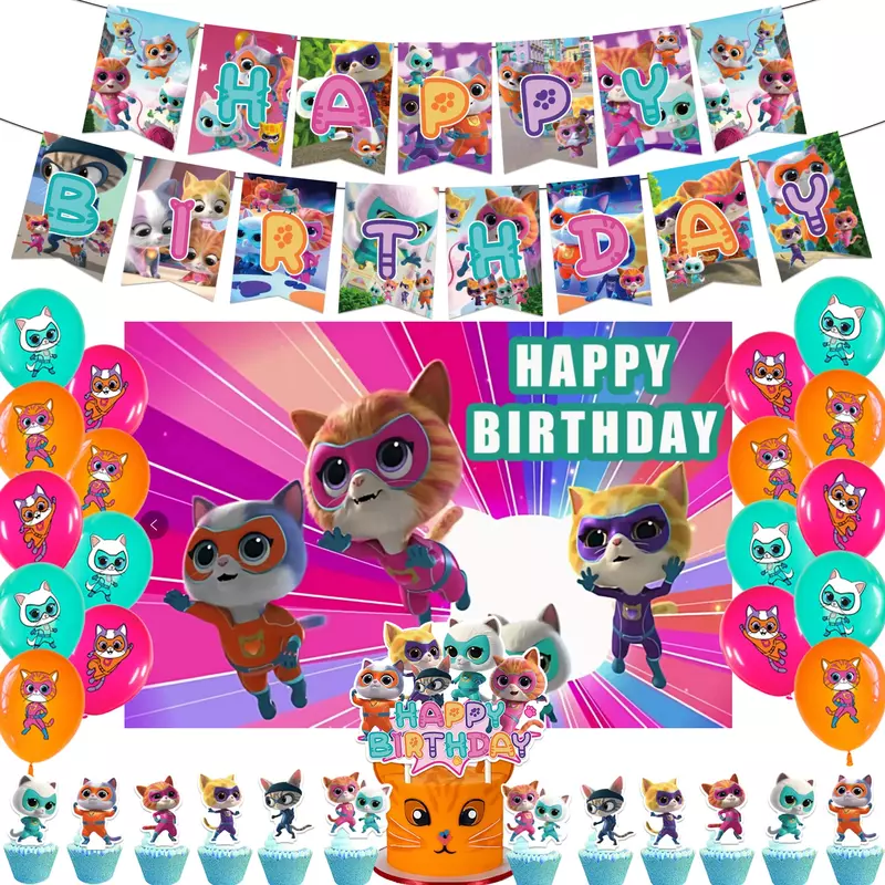 Kartun Superkitties dekorasi pesta ulang tahun Super Kitties peralatan makan balon kue Topper perlengkapan pesta Baby Shower