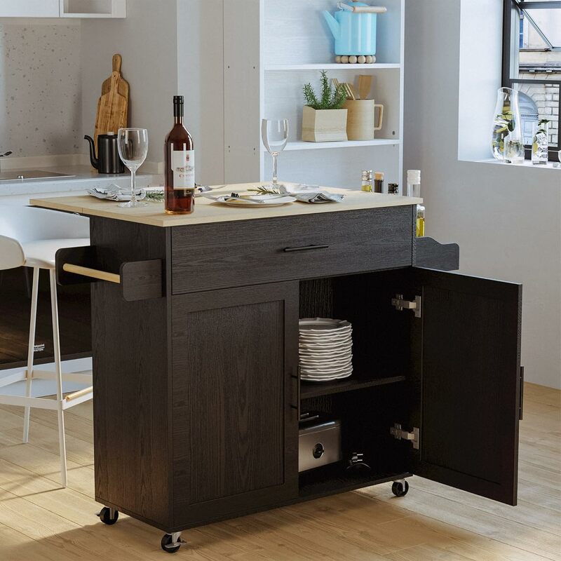 IRONCK-mesa de isla de cocina rodante con ruedas, armario de almacenamiento, cajón, especias/toallero, carrito de cocina, negro