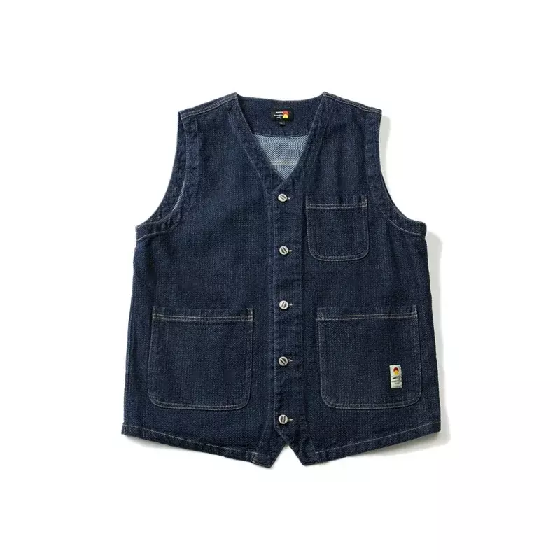 Imitation Kendo Cloth Pineapple Grain Texture Navy Japan Multi Pocket Vest Men's Single Breasted V-neck Loose Coat Retro